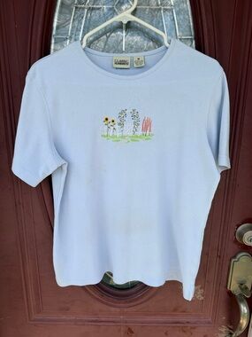 Classic Elements Light Blue Short Sleeve Tee with Embroidered Wildflowers